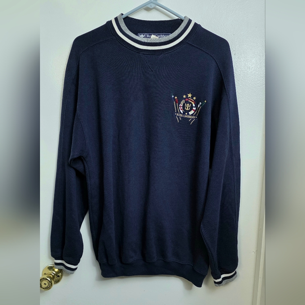 Royal Caribbean Mens Oversized Bomber Sweatshirt Logo Embroidered Stripe Cuffs